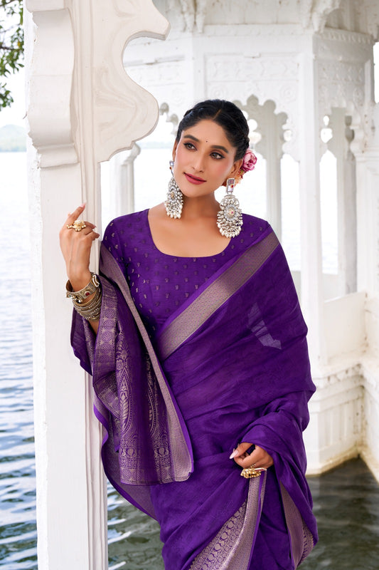 Chinon Fabric Self-Printed Saree with Zari Weaving | Designer Chinon Blouse | 5.5 Meters
