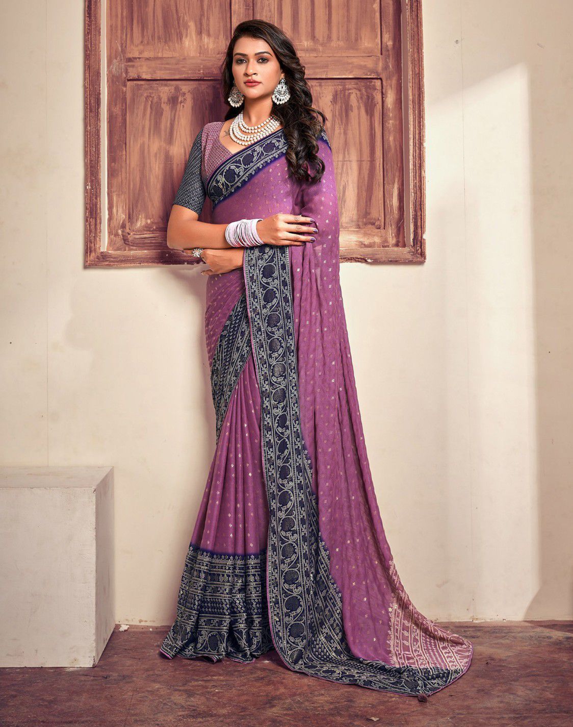 Bamber Viscose Georgette Ink Foil Printed Saree with Foil Printed Blouse – 6.3 Meters
