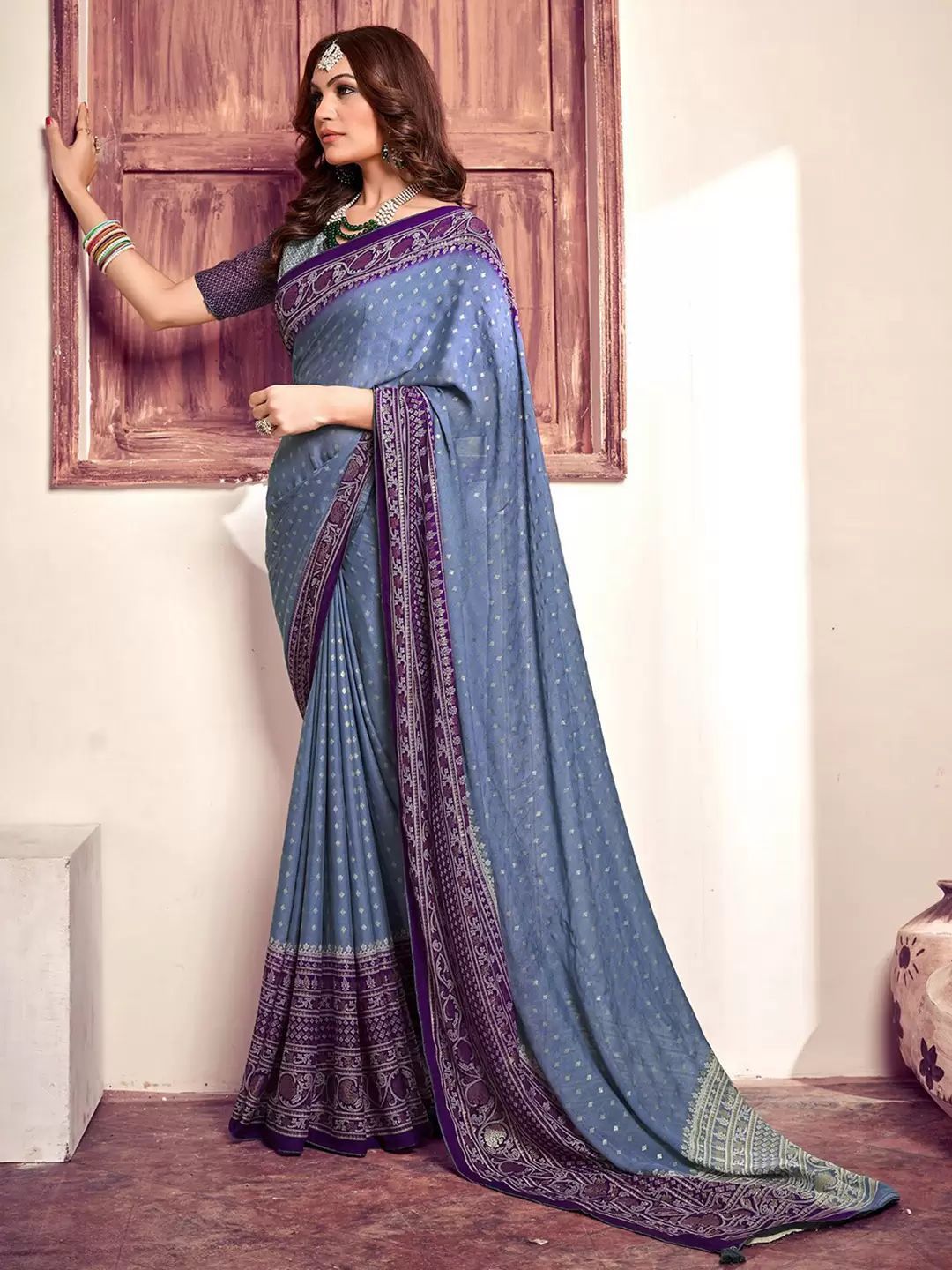 Bamber Viscose Georgette Ink Foil Printed Saree with Foil Printed Blouse – 6.3 Meters