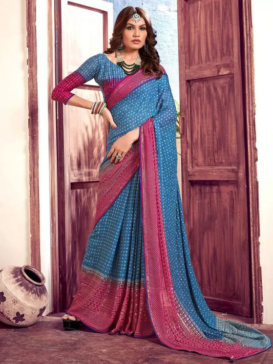Bamber Viscose Georgette Ink Foil Printed Saree with Foil Printed Blouse – 6.3 Meters