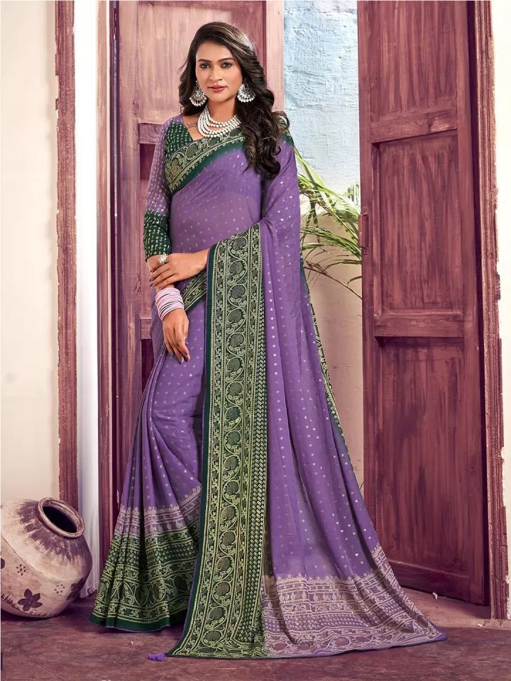 Bamber Viscose Georgette Ink Foil Printed Saree with Foil Printed Blouse – 6.3 Meters