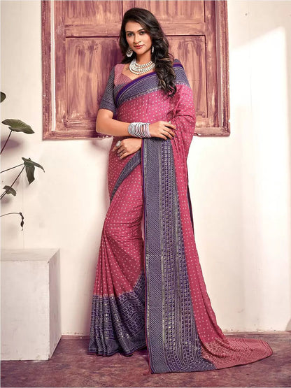 Bamber Viscose Georgette Ink Foil Printed Saree with Foil Printed Blouse – 6.3 Meters