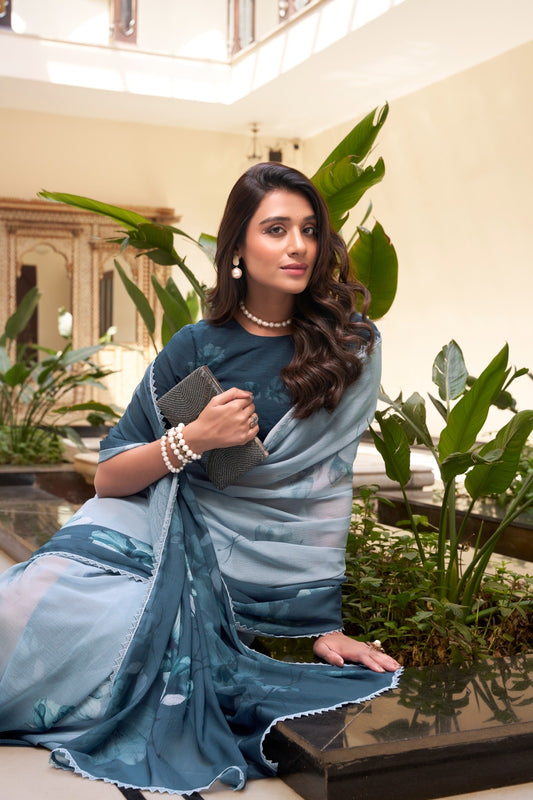 Weightless Marbal Saree with Floral Print & Lace Border – 5.5 Meters with Matching Blouse