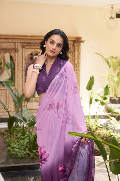 Weightless Marbal Saree with Floral Print & Lace Border – 5.5 Meters with Matching Blouse