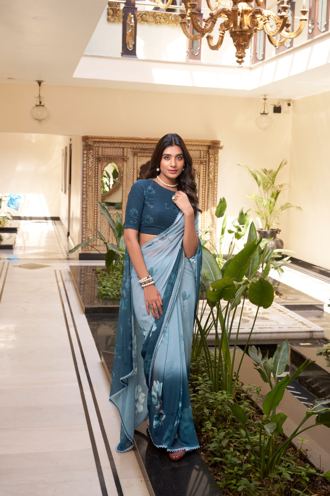 Weightless Marbal Saree with Floral Print & Lace Border – 5.5 Meters with Matching Blouse