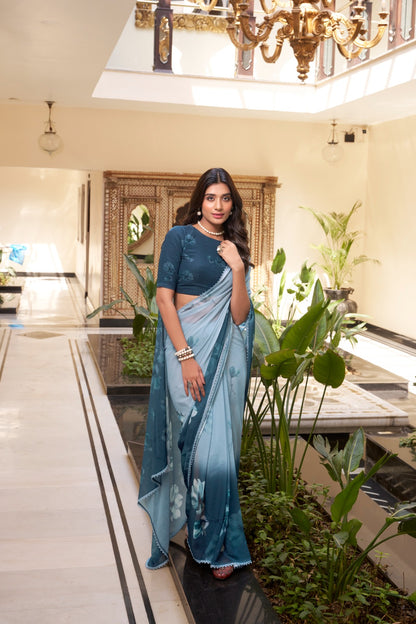 Weightless Marbal Saree with Floral Print & Lace Border – 5.5 Meters with Matching Blouse