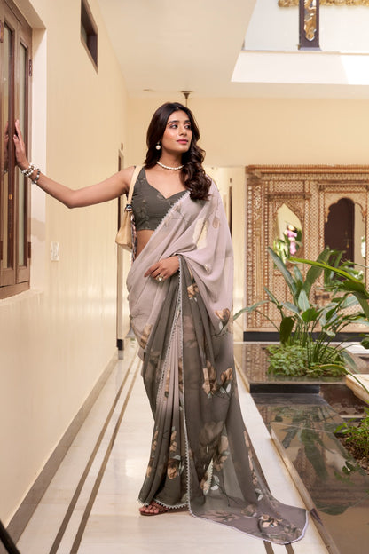 Weightless Marbal Saree with Floral Print & Lace Border – 5.5 Meters with Matching Blouse