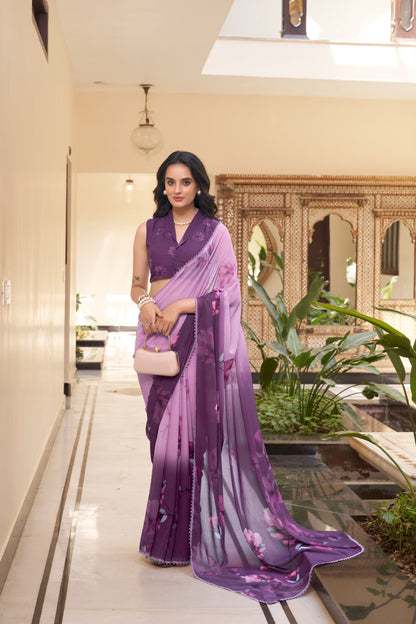 Weightless Marbal Saree with Floral Print & Lace Border – 5.5 Meters with Matching Blouse