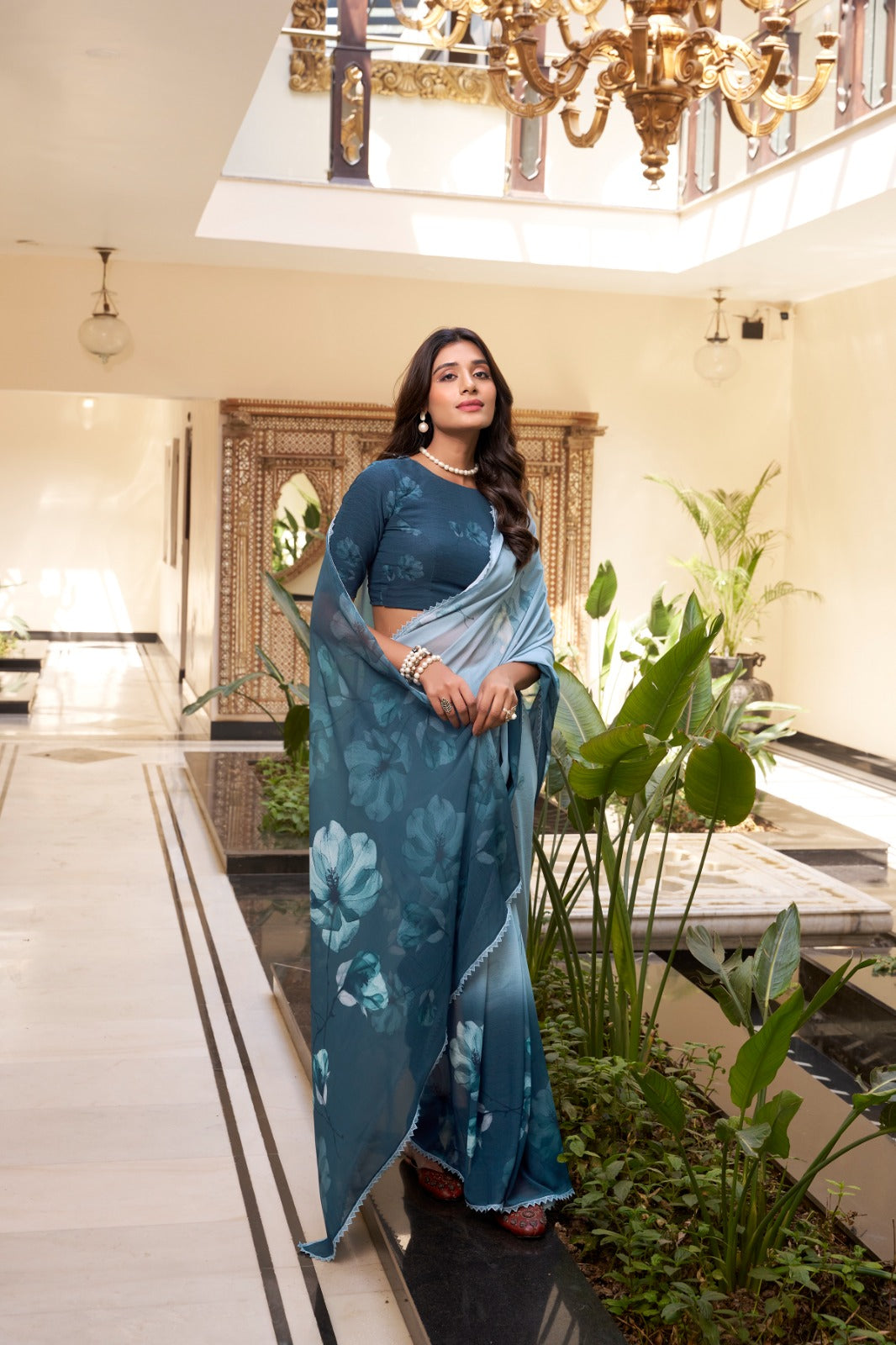 Weightless Marbal Saree with Floral Print & Lace Border – 5.5 Meters with Matching Blouse