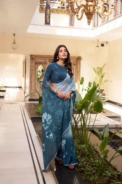 Weightless Marbal Saree with Floral Print & Lace Border – 5.5 Meters with Matching Blouse