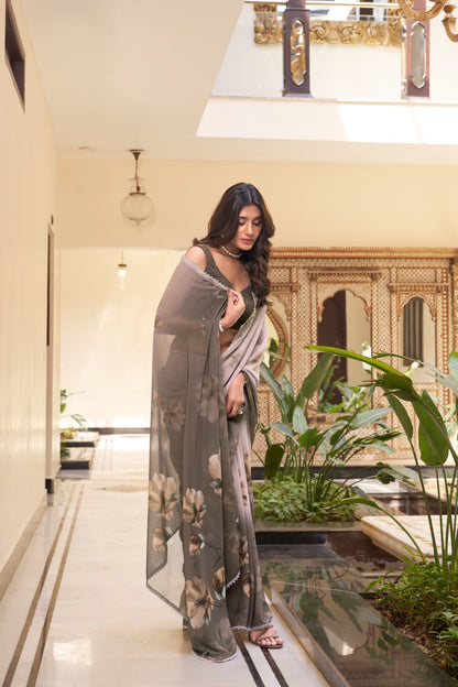 Weightless Marbal Saree with Floral Print & Lace Border – 5.5 Meters with Matching Blouse
