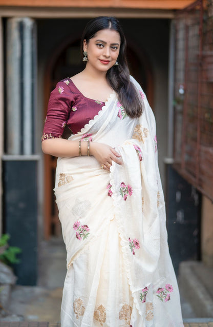 Ivory Kota embroidery saree front view