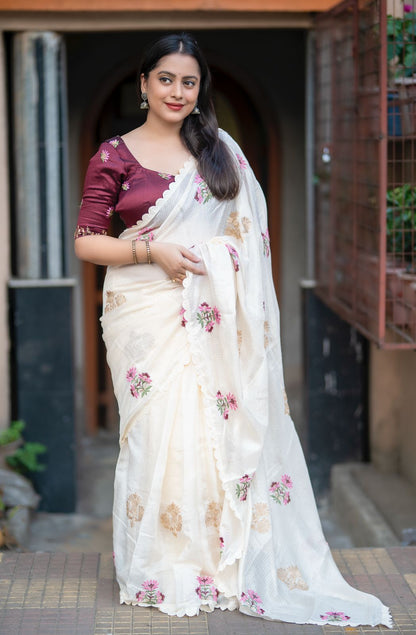 Ivory Kota embroidery saree full drape view