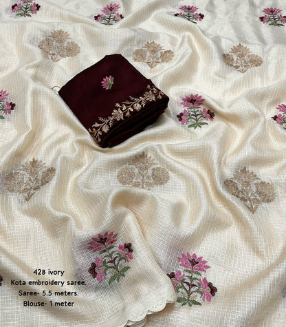 Ivory Kota embroidery saree close-up