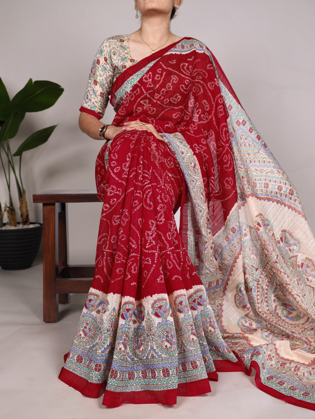 Green Silk Saree with Madhubani & Bandhej Fusion Print – 5.5 Meters with Matching Blouse