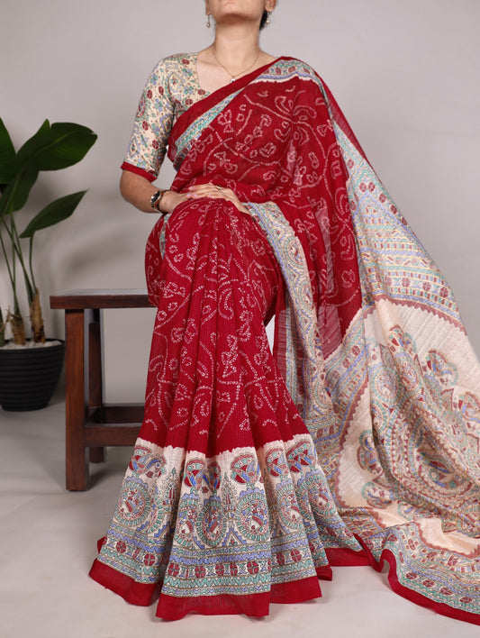 Green Silk Saree with Madhubani & Bandhej Fusion Print – 5.5 Meters with Matching Blouse