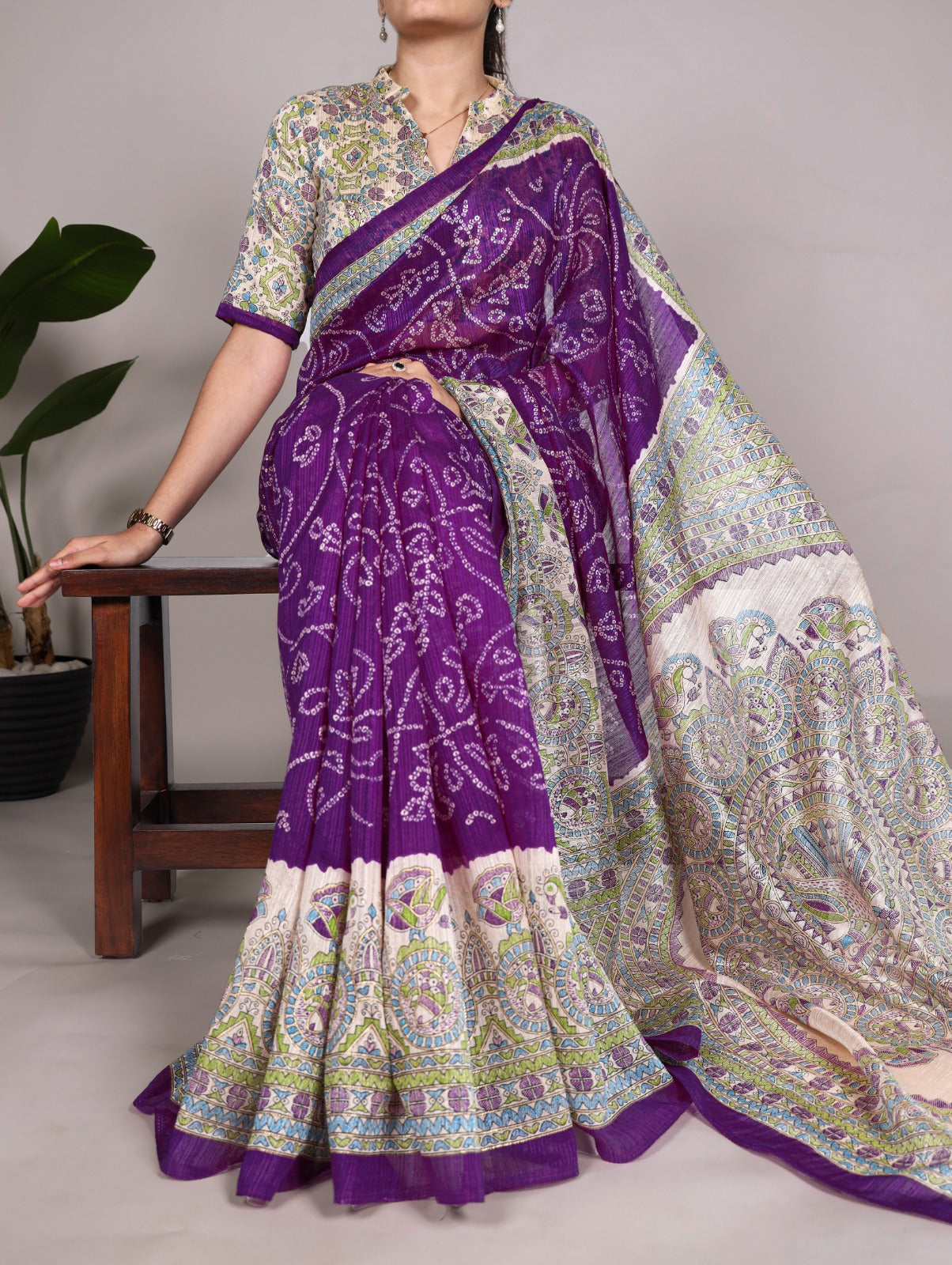 Green Silk Saree with Madhubani & Bandhej Fusion Print – 5.5 Meters with Matching Blouse