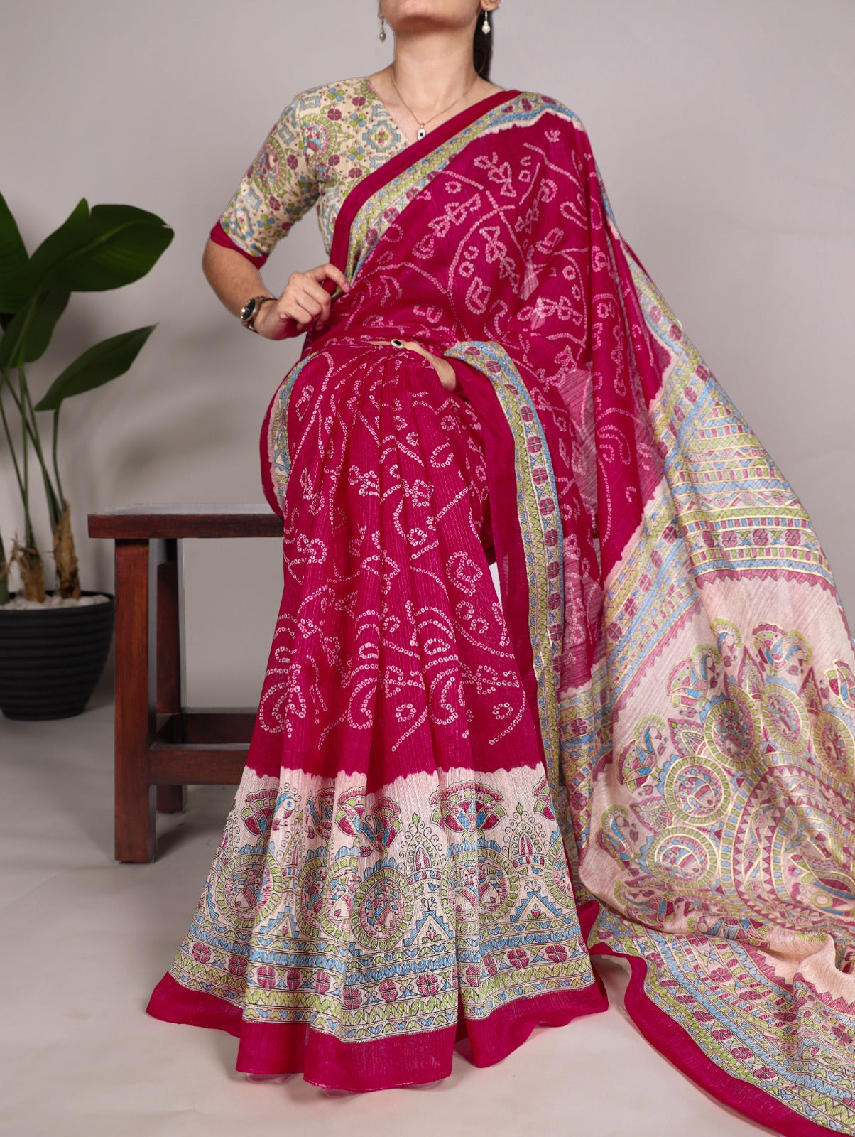 Green Silk Saree with Madhubani & Bandhej Fusion Print – 5.5 Meters with Matching Blouse