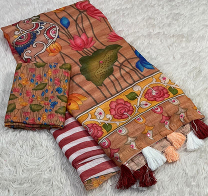 Linen Saree with Leheriya Body Print, Kalamkari Pallu & All-Over Mirror Work – 6.3 Meters with Blouse