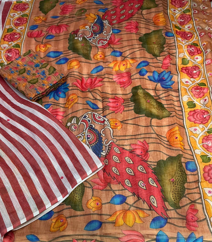 Linen Saree with Leheriya Body Print, Kalamkari Pallu & All-Over Mirror Work – 6.3 Meters with Blouse