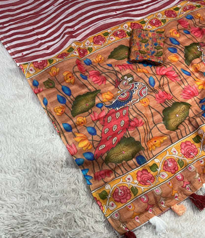 Linen Saree with Leheriya Body Print, Kalamkari Pallu & All-Over Mirror Work – 6.3 Meters with Blouse