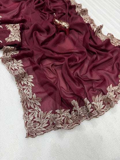 Star Georgette Saree with Designer Embroidery, Jari Work C-Pallu & Heavy Work Blouse – 5.5 m