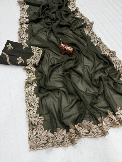 Star Georgette Saree with Designer Embroidery, Jari Work C-Pallu & Heavy Work Blouse – 5.5 m