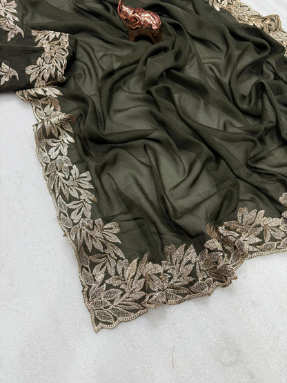 Star Georgette Saree with Designer Embroidery, Jari Work C-Pallu & Heavy Work Blouse – 5.5 m