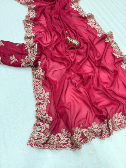 Star Georgette Saree with Designer Embroidery, Jari Work C-Pallu & Heavy Work Blouse – 5.5 m