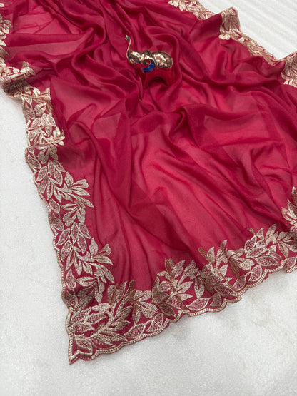 Star Georgette Saree with Designer Embroidery, Jari Work C-Pallu & Heavy Work Blouse – 5.5 m