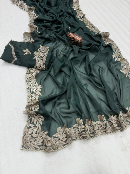 Star Georgette Saree with Designer Embroidery, Jari Work C-Pallu & Heavy Work Blouse – 5.5 m