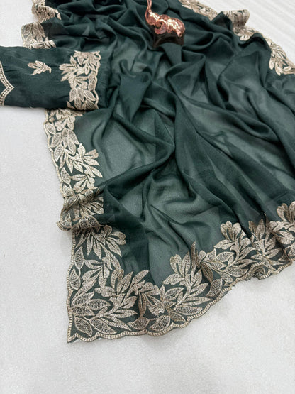 Star Georgette Saree with Designer Embroidery, Jari Work C-Pallu & Heavy Work Blouse – 5.5 m