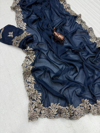 Star Georgette Saree with Designer Embroidery, Jari Work C-Pallu & Heavy Work Blouse – 5.5 m