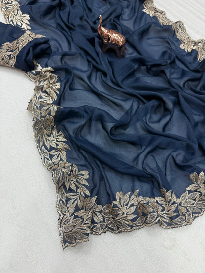 Star Georgette Saree with Designer Embroidery, Jari Work C-Pallu & Heavy Work Blouse – 5.5 m