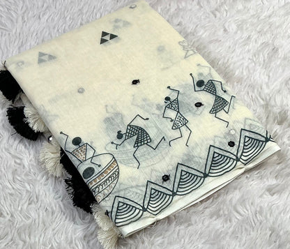 Soft Linen Saree with Aari Mirror Work – Beige