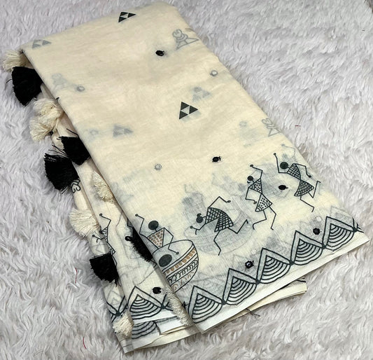 Soft Linen Saree with Aari Mirror Work – Beige