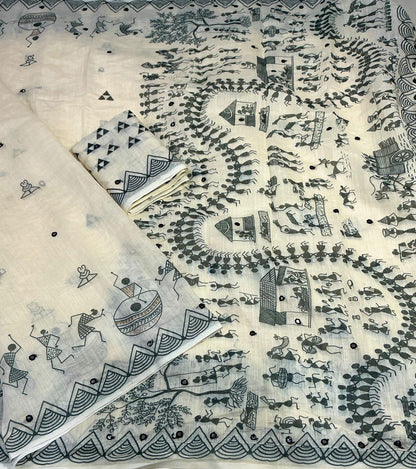 Soft Linen Saree with Aari Mirror Work – Beige