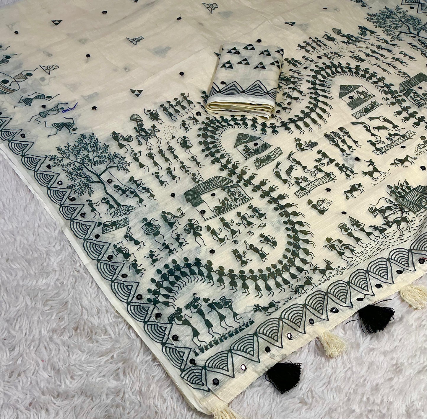 Soft Linen Saree with Aari Mirror Work – Beige