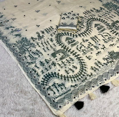 Soft Linen Saree with Aari Mirror Work – Beige