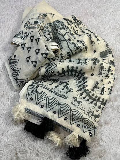 Soft Linen Saree with Aari Mirror Work – Beige