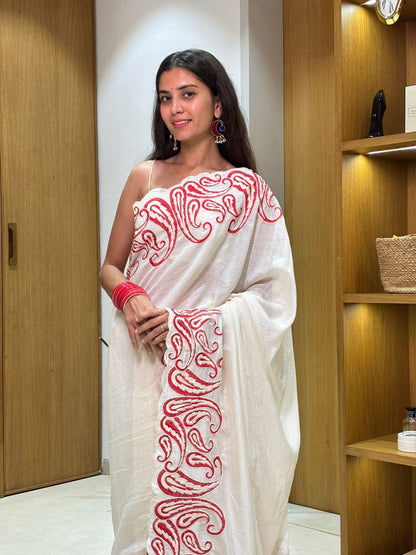 Pure Vichitra Silk Saree with Multi-Thread Embroidery & Cut Work | Mono Silk Embroidered Blouse | 5.5 Meters