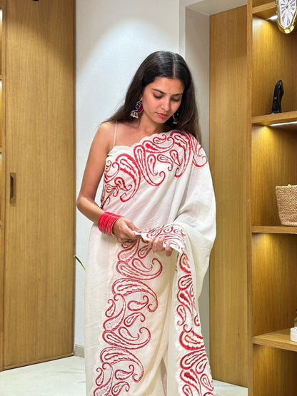 Pure Vichitra Silk Saree with Multi-Thread Embroidery & Cut Work | Mono Silk Embroidered Blouse | 5.5 Meters