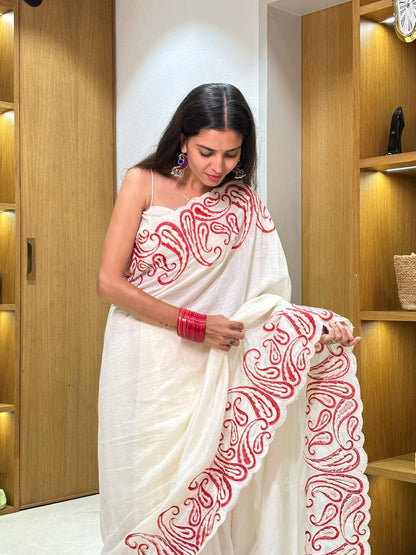 Pure Vichitra Silk Saree with Multi-Thread Embroidery & Cut Work | Mono Silk Embroidered Blouse | 5.5 Meters