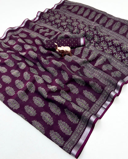 Heavy Poly-Cotton Ajrakh Print Saree with Silver Zari Border