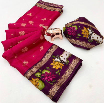 Tussar Dolla Base Saree with Viscose Double Bentex Border, Cow & Floral Motifs, and Contrast Blouse