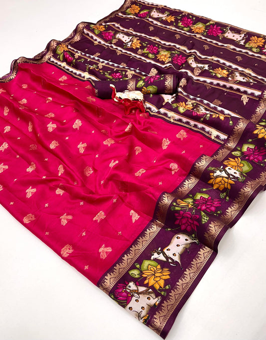 Tussar Dolla Base Saree with Viscose Double Bentex Border, Cow & Floral Motifs, and Contrast Blouse