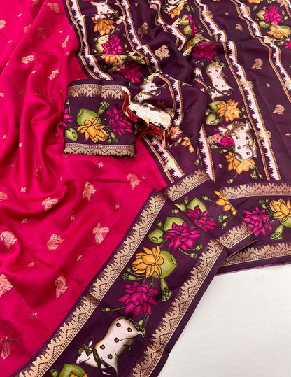 Tussar Dolla Base Saree with Viscose Double Bentex Border, Cow & Floral Motifs, and Contrast Blouse