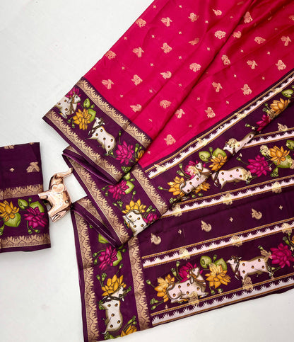 Tussar Dolla Base Saree with Viscose Double Bentex Border, Cow & Floral Motifs, and Contrast Blouse
