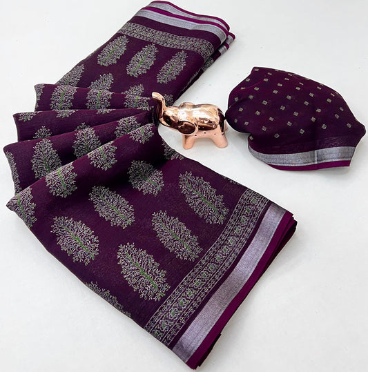 Heavy Poly-Cotton Ajrakh Print Saree with Silver Zari Border
