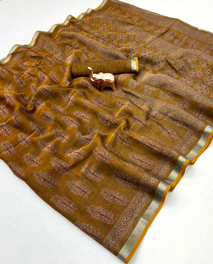 Heavy Poly-Cotton Ajrakh Print Saree with Silver Zari Border